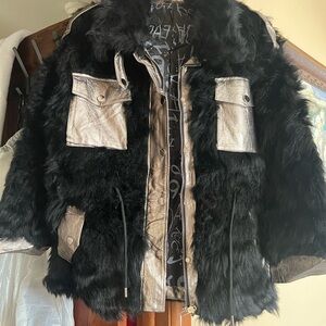 Luxurious Black & Silver Leather Trim w/ Faux Fur Bomber Jacket